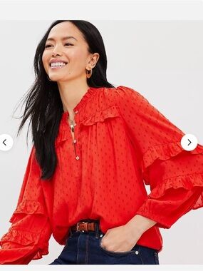 LOFT Red Ruffled Swiss Dot Blouse. NWTS